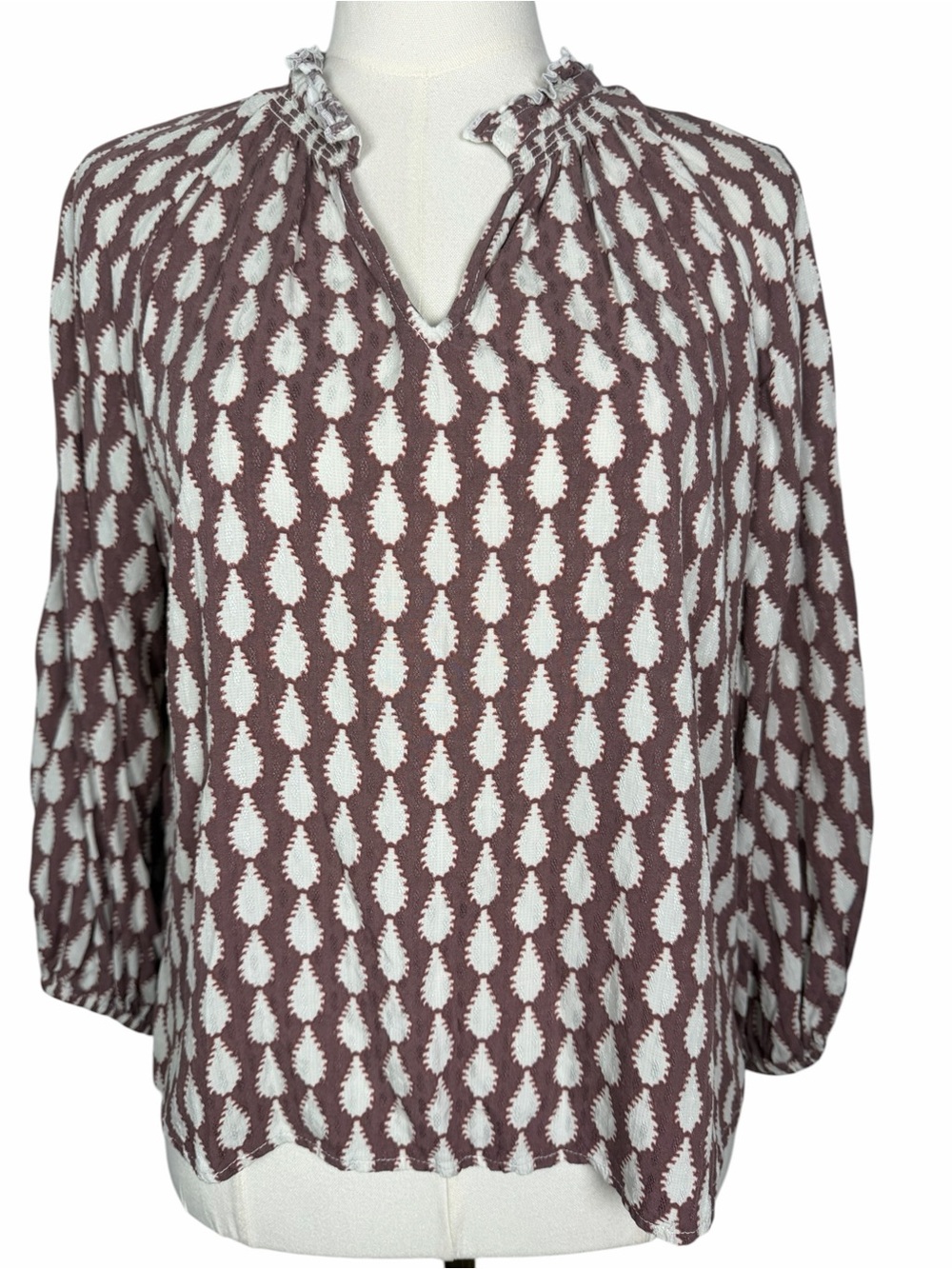 Women’s Brown & White Patterned Long-Sleeve Blouse